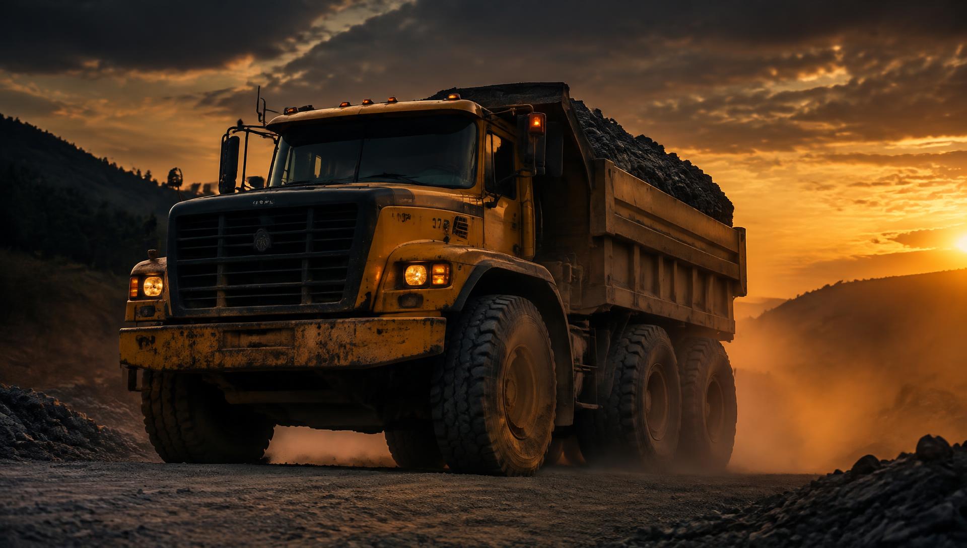 Cobra dump truck hauling gravel at sunset
